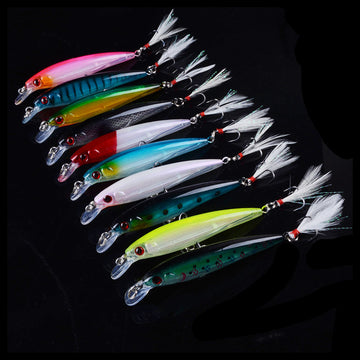 HERCULES Shallow Diving Minnow Lures Fishing Lures with Feather Tail, Pack of 10